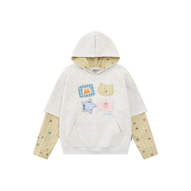 Women's hooded sweatshirt with layered look, kangaroo pocket and playful patch applications Amarae