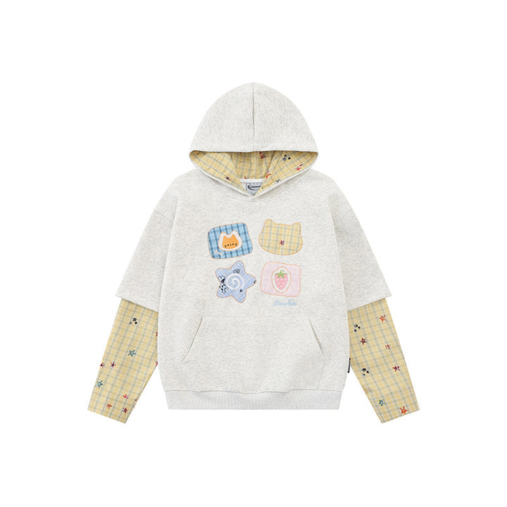 Women's hooded sweatshirt with layered look, kangaroo pocket and playful patch applications Amarae