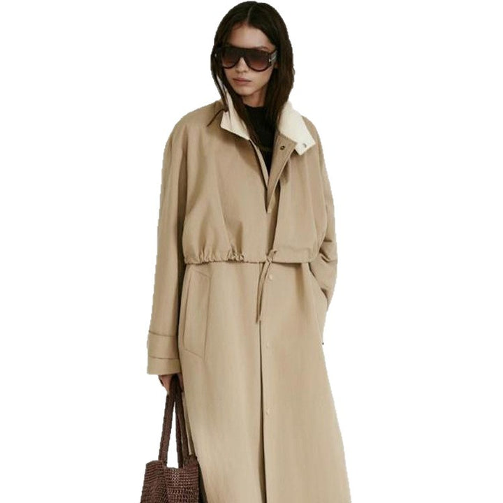 Women Tailored Coat in Trenchcoat Style with Drawstring Waist and Contrast Collar Amarae