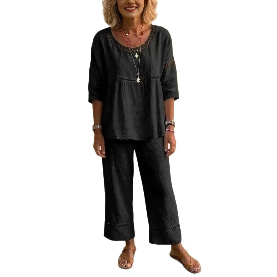 Women's Complete Linen Loungewear Suit with Airy Fit and Lace Accents Chic & Stil