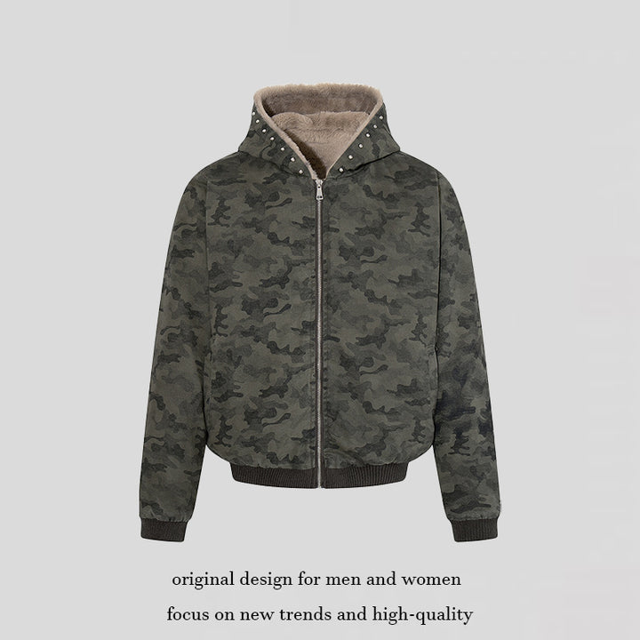 Women's padded camouflage bomber jacket with teddy lining, hood, and ribbed cuffs Amarae