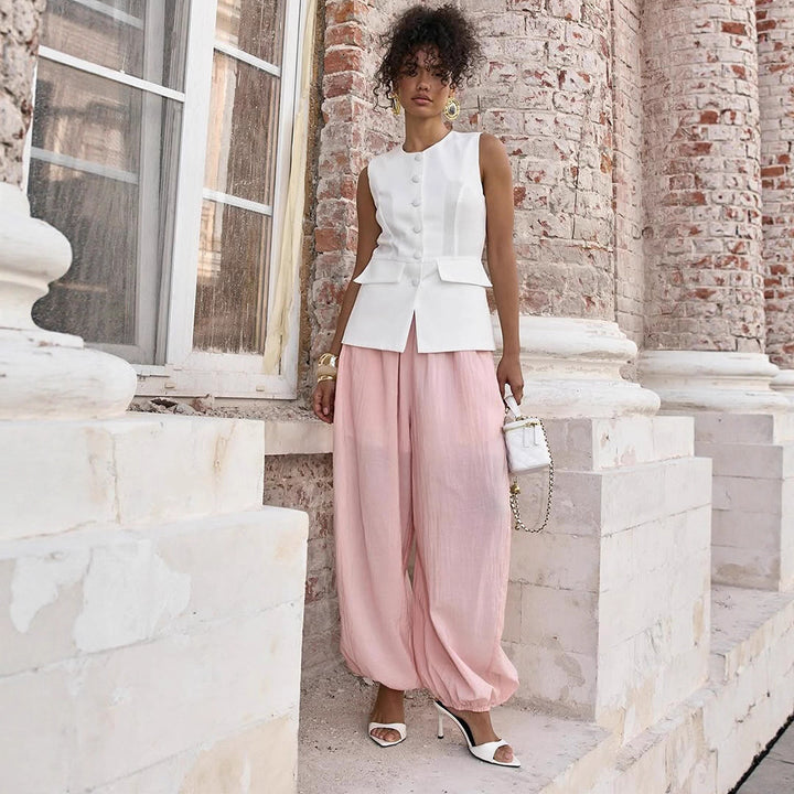 Women Lightweight Balloon Pants with Elastic Waistband, Drawstring & Ruched Ankle Cuff Amarae
