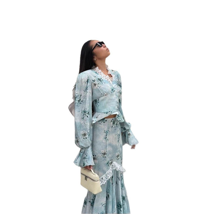 Women's Two-Piece Maxi Dress Set with Corset Top, Ruffle Sleeves and Lace Trim Amarae