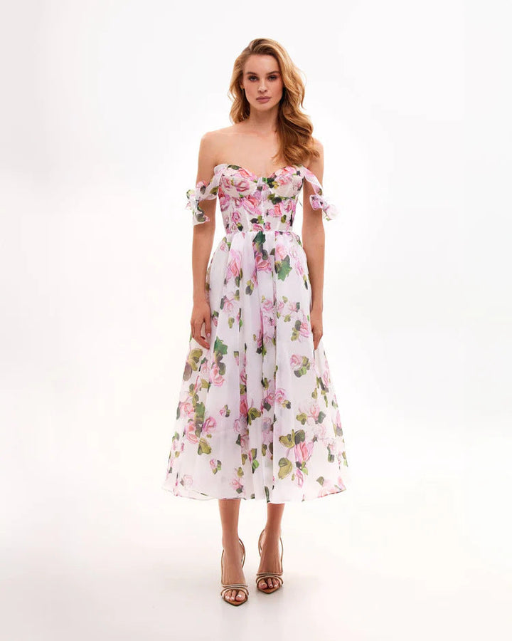 Women’s Midi Dress with Floral Print and Adjustable Straps Lune London