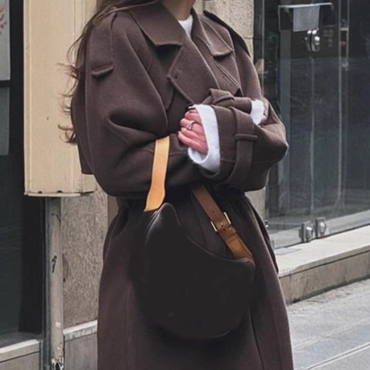 Women's Maxi Wool Blend Coat in Military Style with Wide Lapels and Dropped Shoulders Amarae