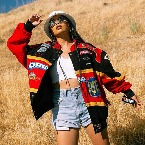 Oversized women's motorcycle sports jacket with colorful graphic details and a loose fit Amarae