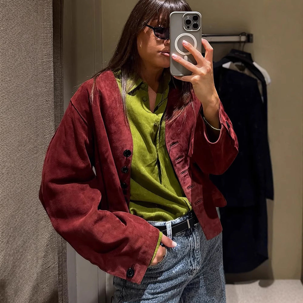 Women short-cut suede jacket with button placket and straight cut Amarae