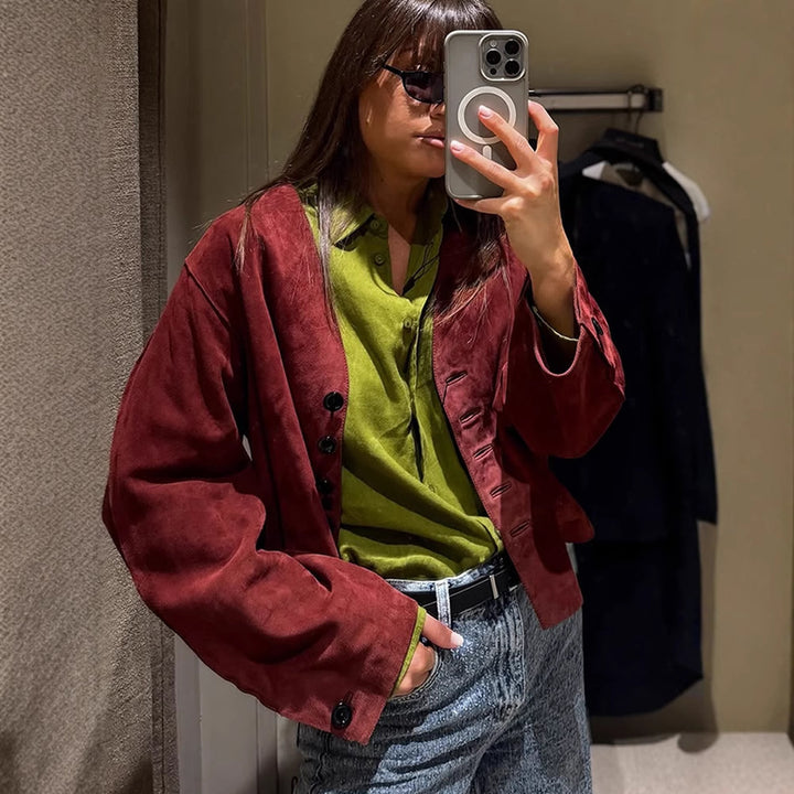 Women short-cut suede jacket with button placket and straight cut Amarae