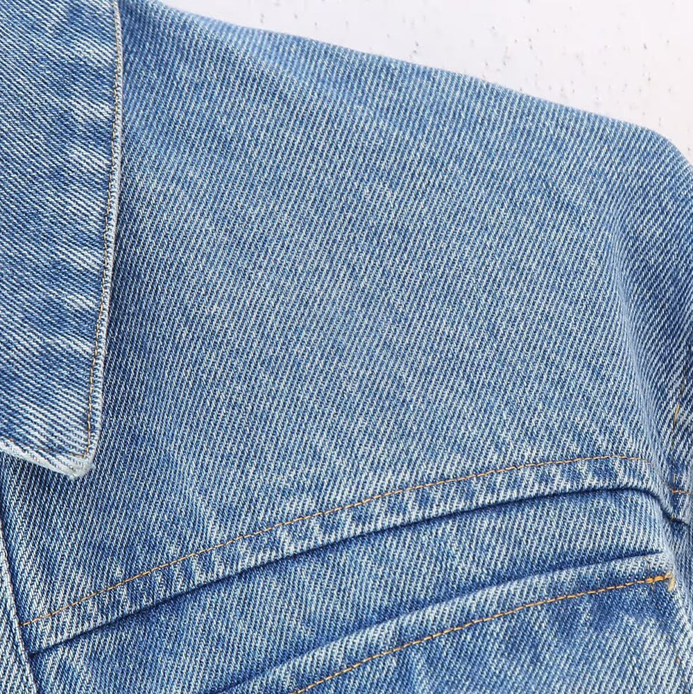 Women's Short Denim Jacket with Metallic Finish and Patch Chest Pockets Amarae