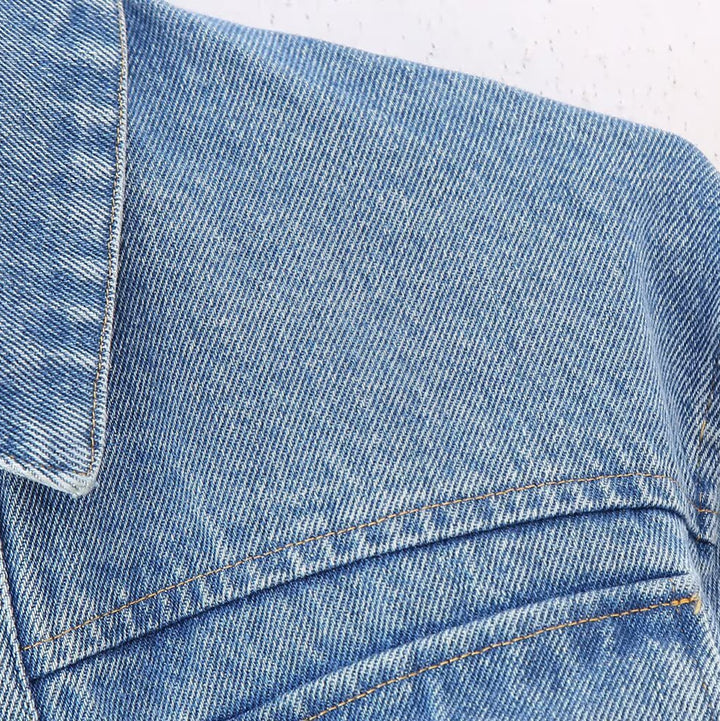 Women's Short Denim Jacket with Metallic Finish and Patch Chest Pockets Amarae