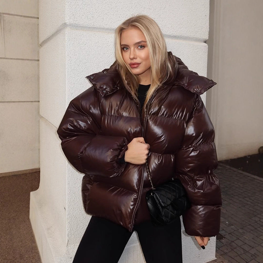 Women's Oversized Puffer Jacket in Patent Look with High Collar and Padded Lining Amarae