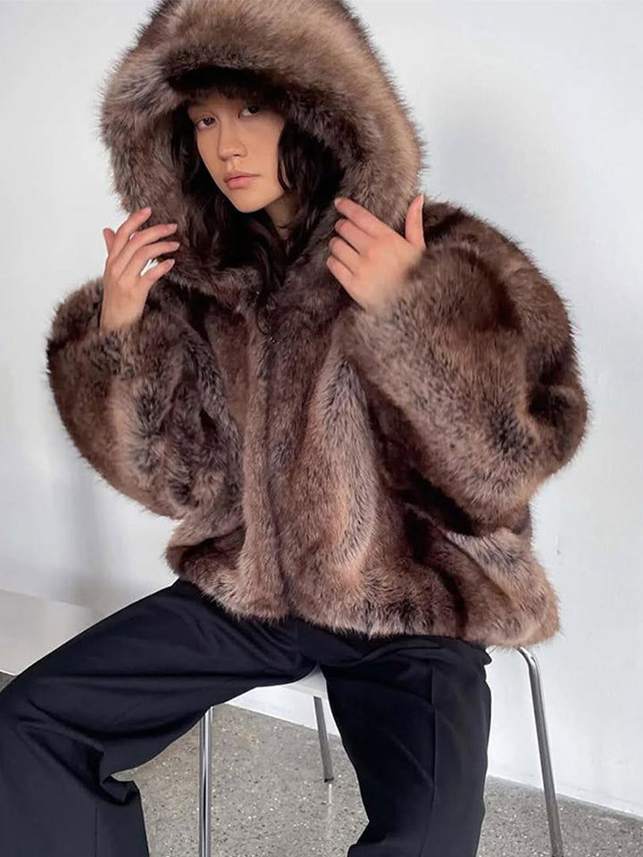 Women's Boxy Faux Fur Hoodie with Voluminous Hood and Loose Silhouette Amarae