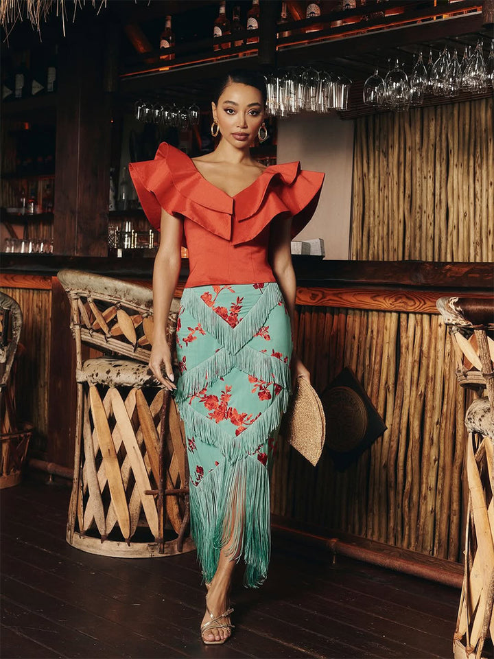 Women's Maxi Skirt with Floral Print & Layered Fringe Details Amarae