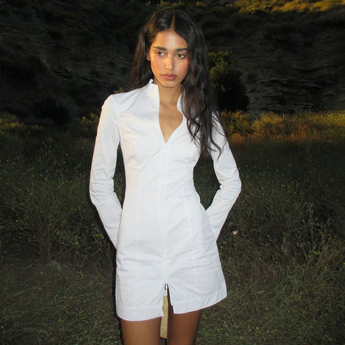 Fitted long dress for women with long sleeves, zipper, and high collar Amarae