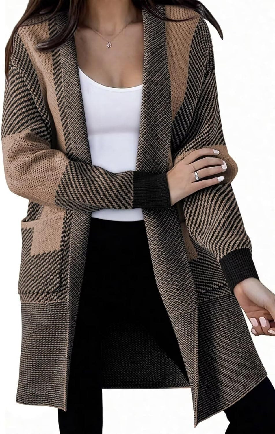 Ladies long knit cardigan with textured pattern and patch pockets Lune London