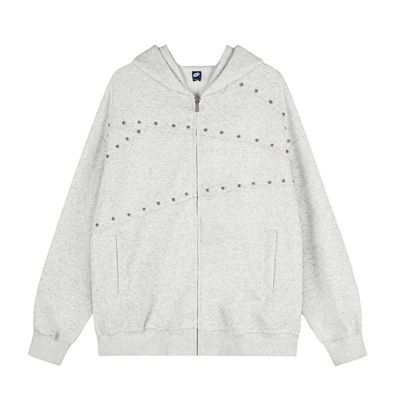 Women's oversized hoodie sweatshirt jacket in used look with stud decoration and full-length zipper Amarae