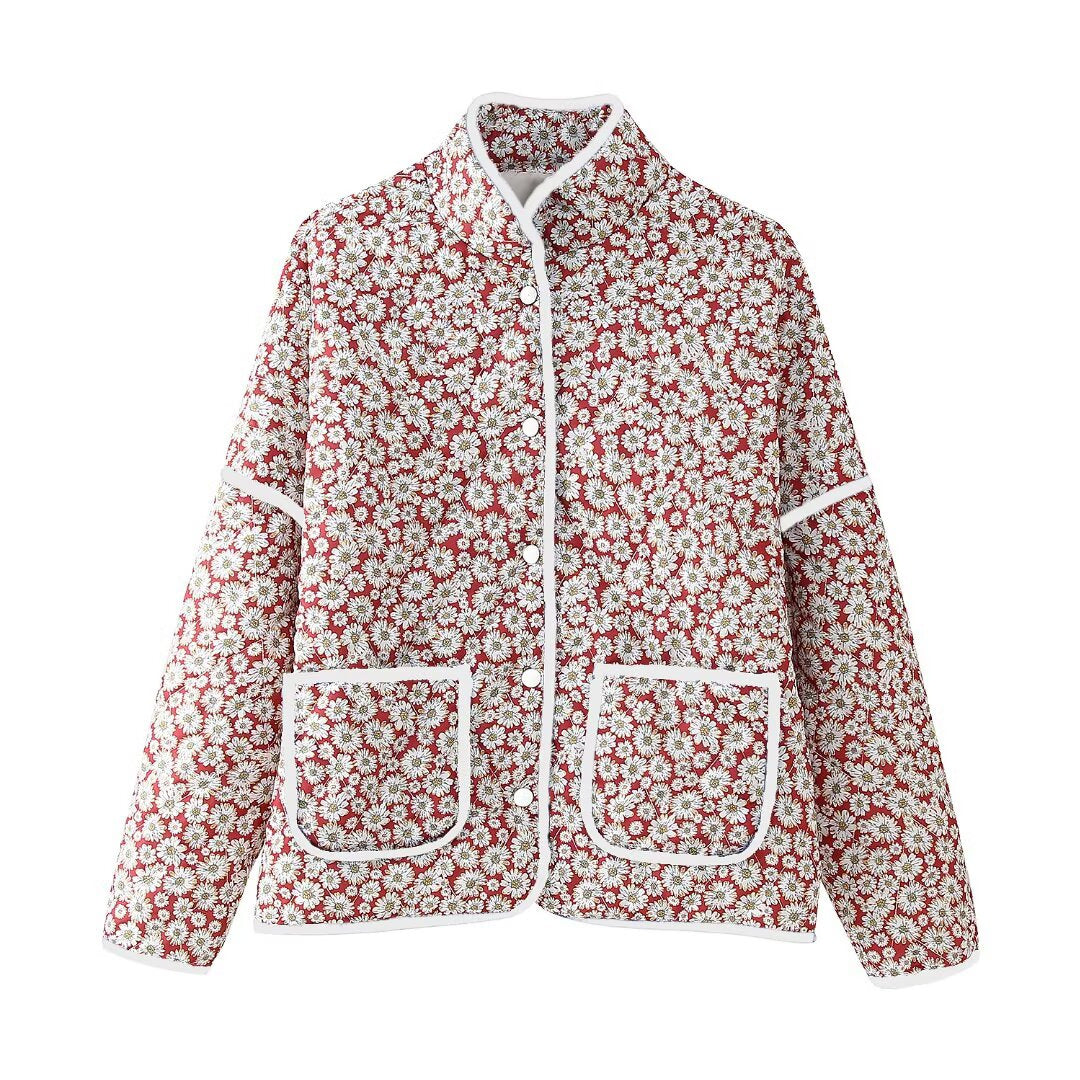 Women Floral Pattern Jacket with Practical Pockets and Elegant Collar Lune London