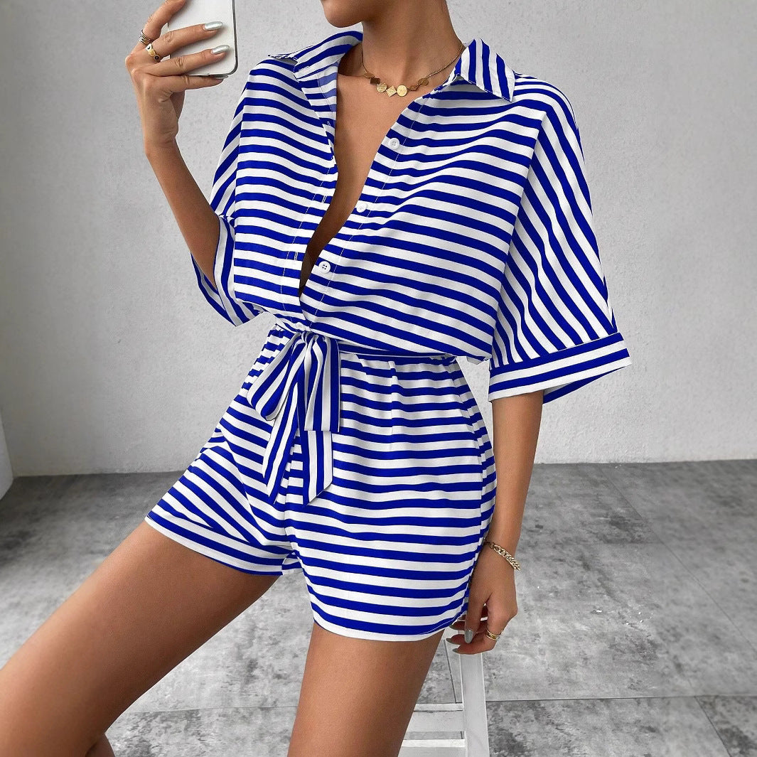 Ladies Elegant Chic Striped Short Overalls