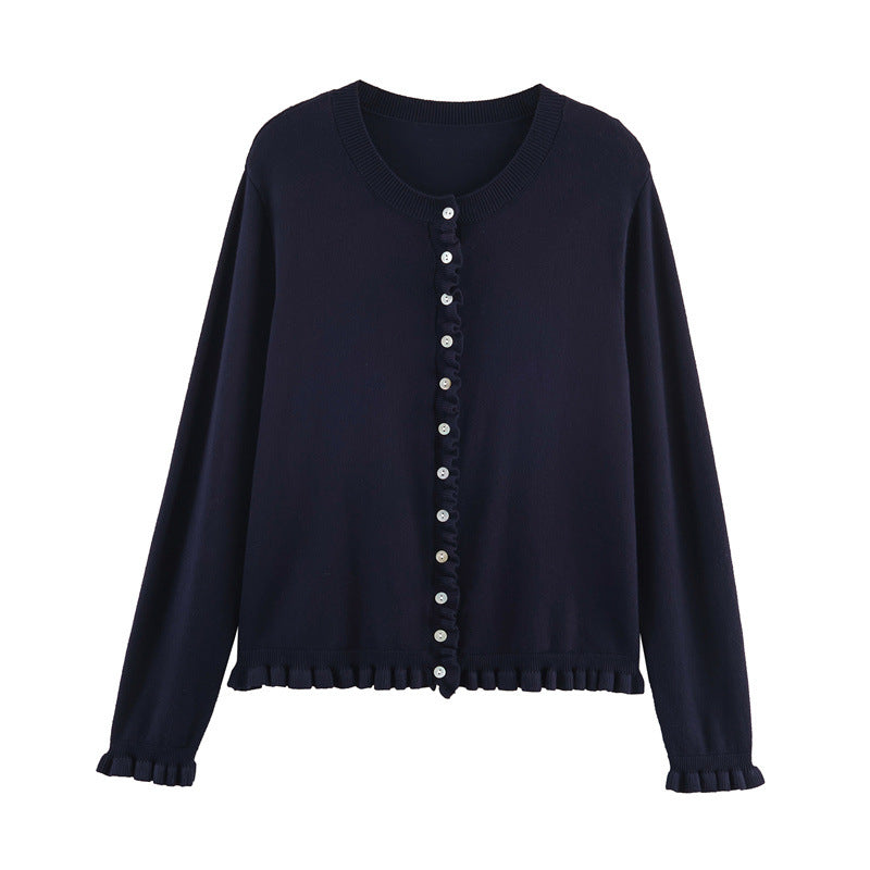 Fashion striped knit jacket for women with ruffled hem and button details Lune London