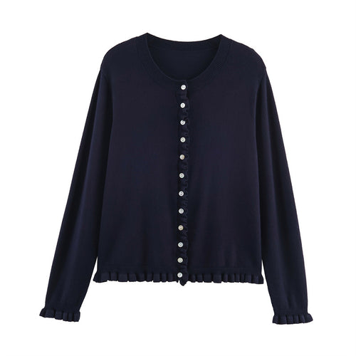 Fashion striped knit jacket for women with ruffled hem and button details Amarae
