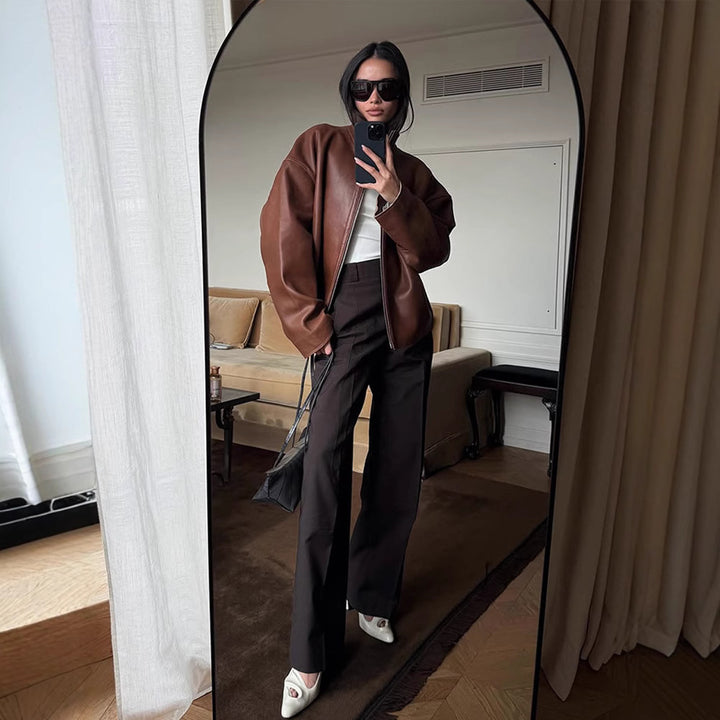 Women's Oversized Leather Blouson with Soft Teddy Lining and Concealed Zipper