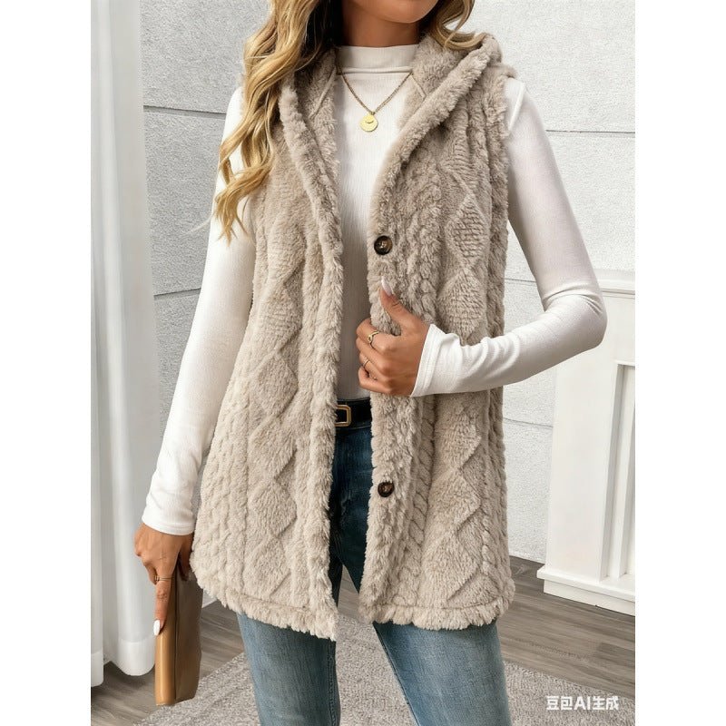 Women's Hooded Teddy Vest with Structured Cable Knit Pattern and Decorative Button Placket Amarae