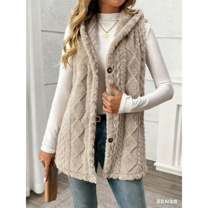 Women's Hooded Teddy Vest with Structured Cable Knit Pattern and Decorative Button Placket Amarae