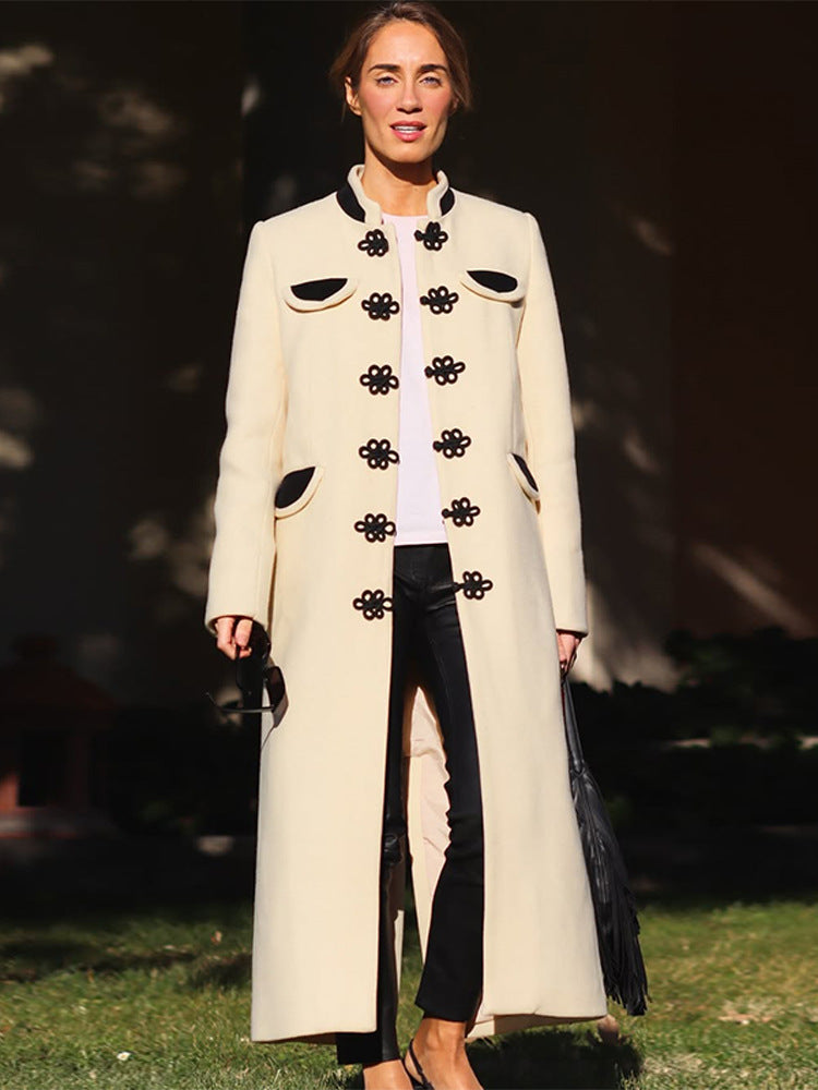 Women's maxi length tailored wool blend coat with stand-up collar and decorative frog closures Amarae