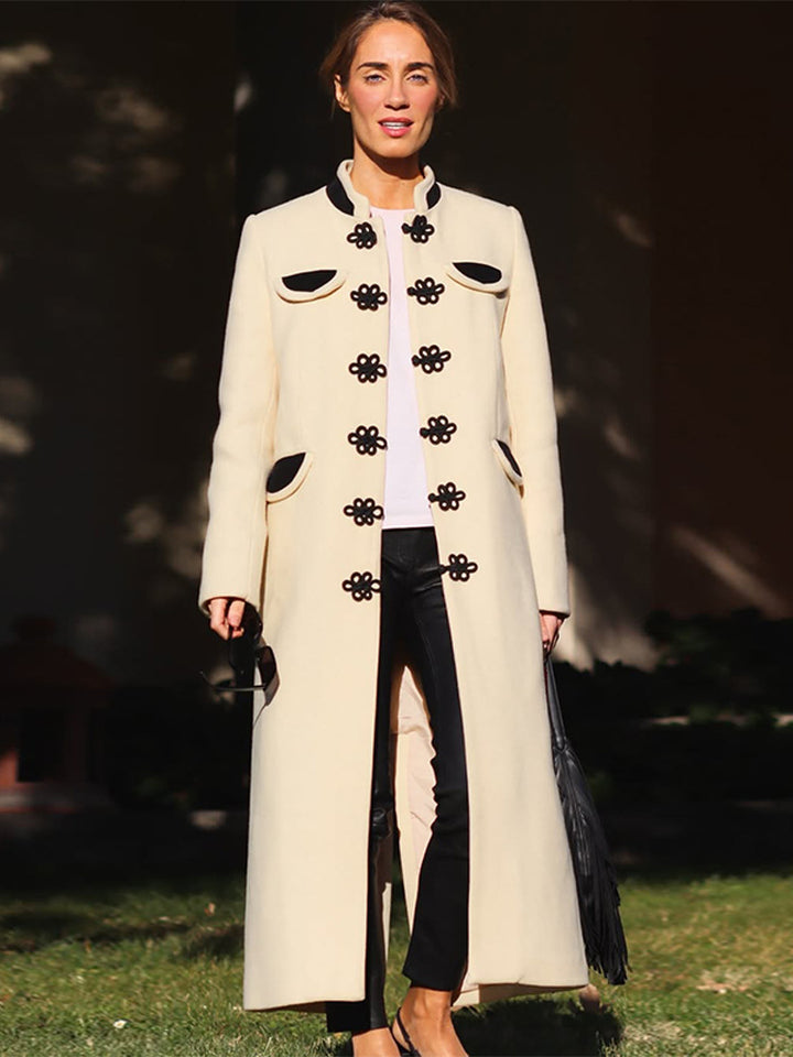 Women's maxi length tailored wool blend coat with stand-up collar and decorative frog closures Amarae