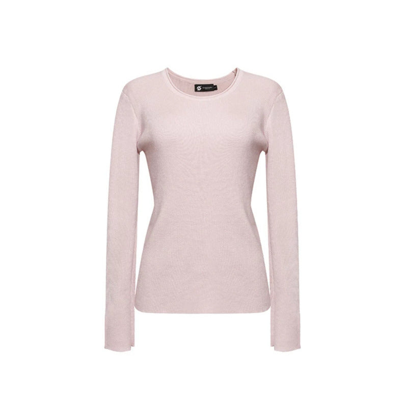 Women's fine knit sweater with round neckline, slim silhouette, and decorative button sleeves Amarae