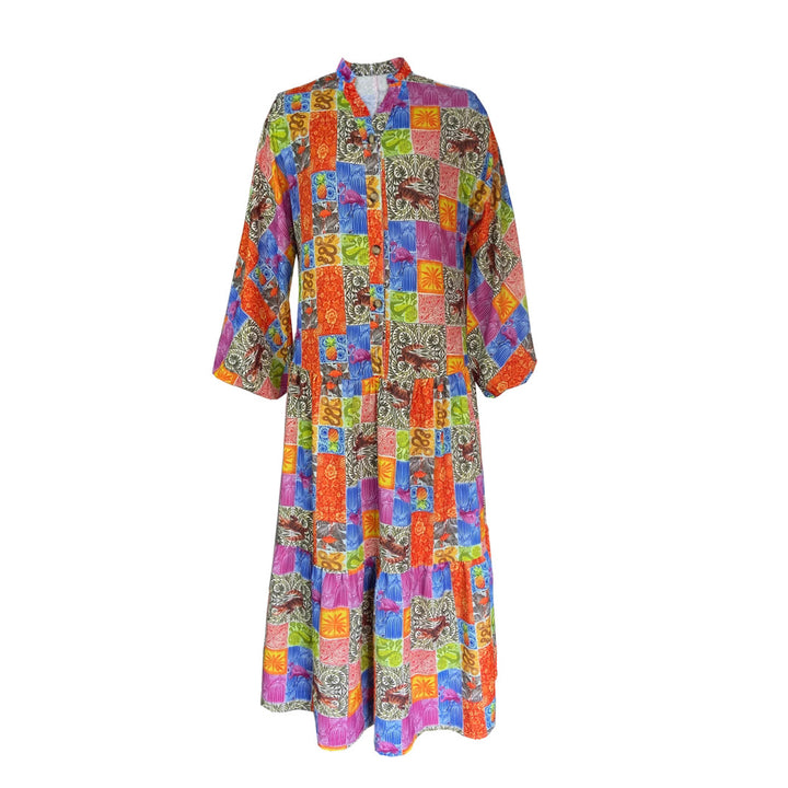 Maxi dress for women in boho style with a colorful patchwork design and wide sleeves Lune London