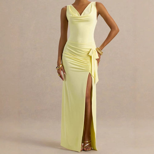 Elegant evening dresses for women with deep V-neckline and ruffle details on the sides Amarae