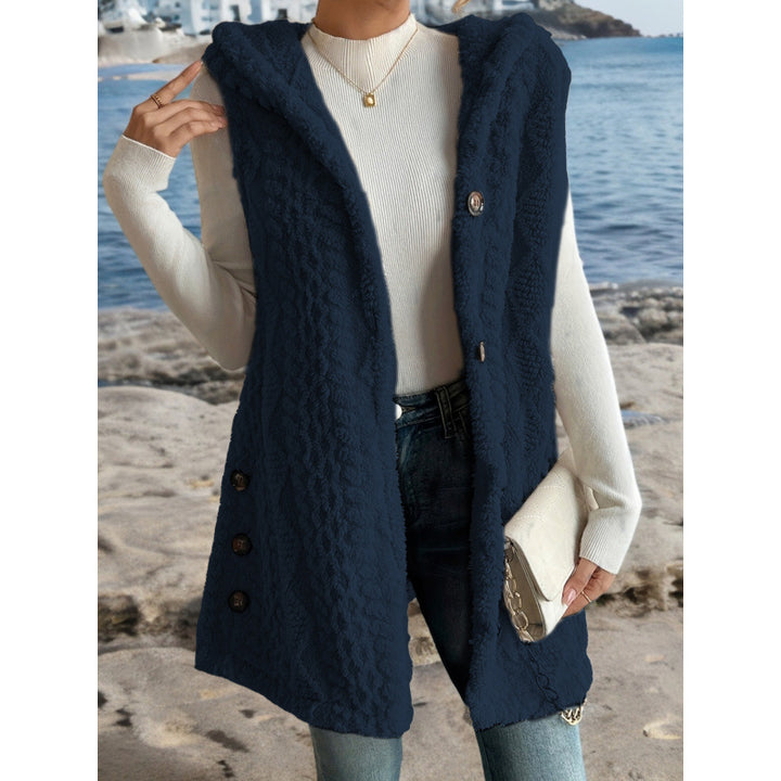 Women's Hooded Teddy Vest with Structured Cable Knit Pattern and Decorative Button Placket Amarae