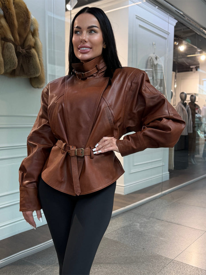 Women's tailored faux leather jacket with standing collar, neck strap, and figure-shaping waist belt Amarae