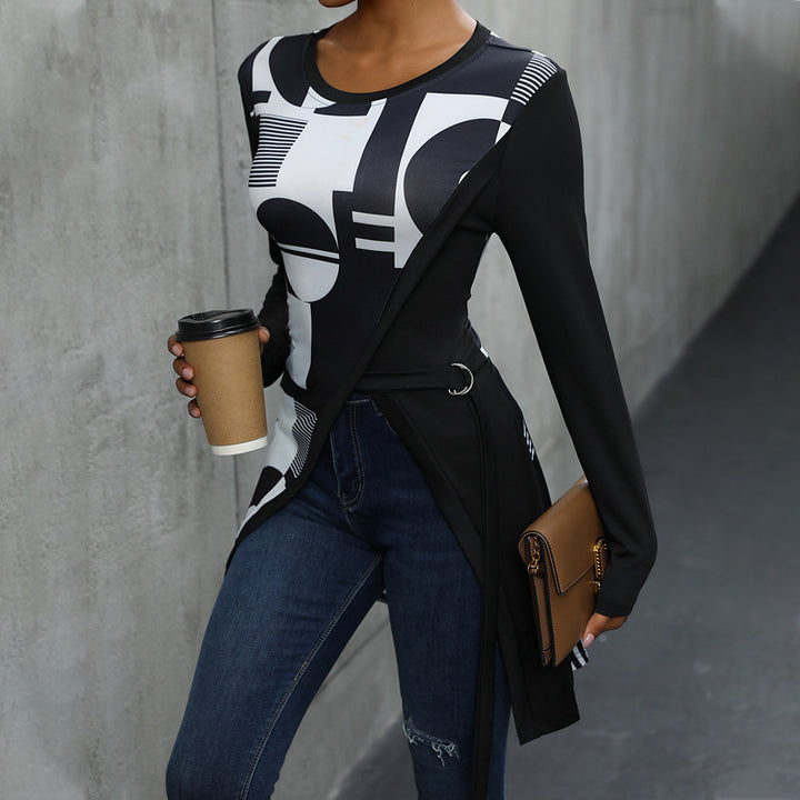Ladies long modern t-shirt with geometric print and asymmetrical cut Lune London
