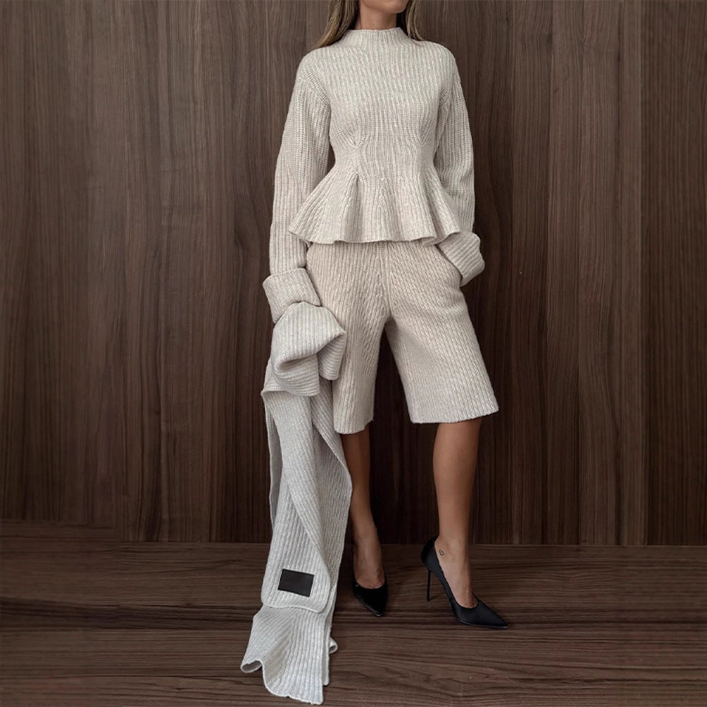 Women's fine knit two-piece set with fitted peplum sweater and high-waist bermuda Amarae