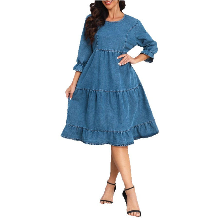 Women's tiered ruffle denim midi dress with elbow-length sleeves and gathered empire waist Amarae