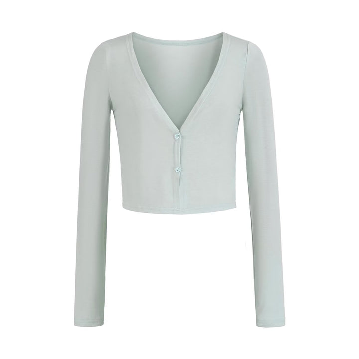 Women's Short Fine Knit Cardigan with Deep V-Neck and Button Front Amarae