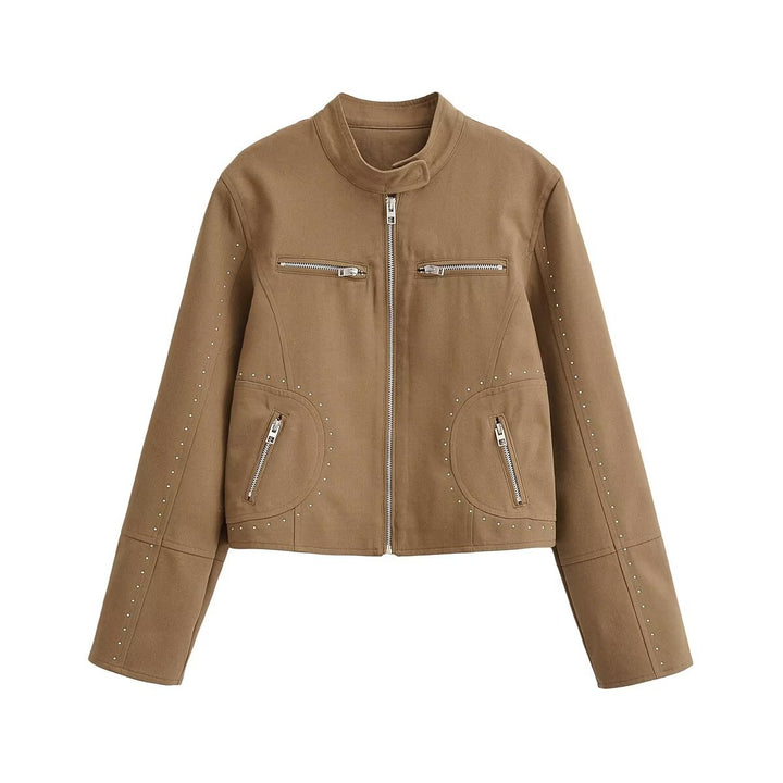 Women Short Velvet Look Jacket with Stand-Up Collar, Decorative Seams, Stud Application and Zip Pockets Amarae