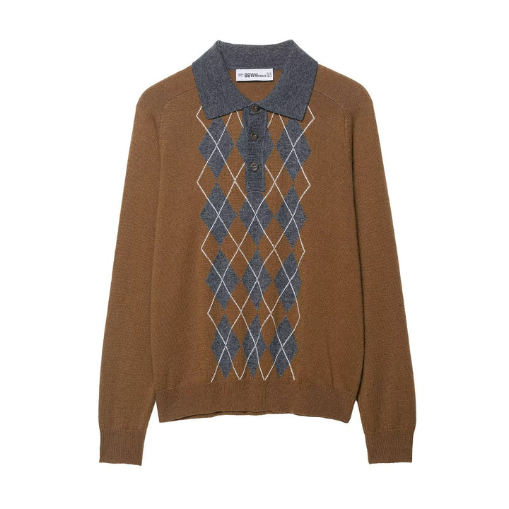 Knitted pullover for ladies with a trendy diamond pattern and a classic polo collar Lune London