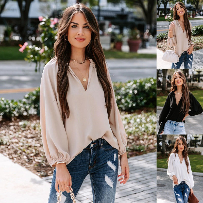 Blouse women with deep V-neck and elegant puff sleeves Lune London
