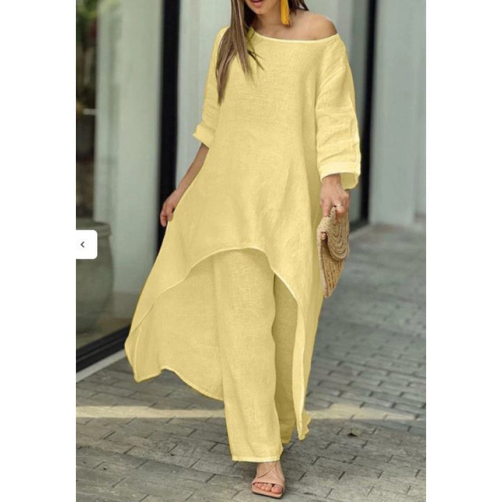 Women Lightweight Linen Two-Piece with Asymmetrical High-Low Tunic and Wide Palazzo Pants Amarae