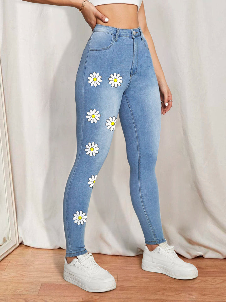 Women's High-Waist Skinny Jeans with printed Daisies and figure-shaping Stretch Amarae