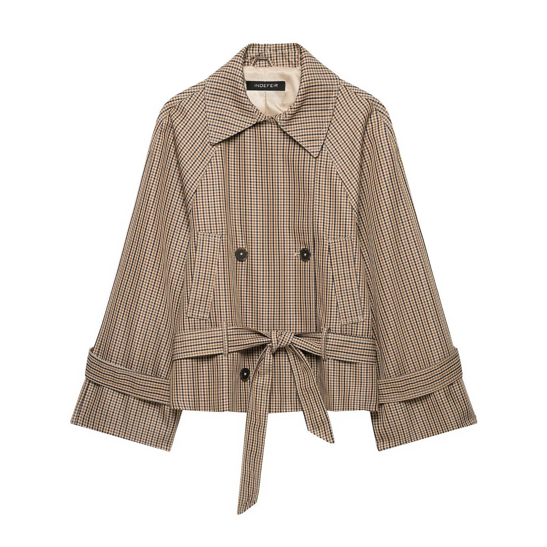 Women's short trench coat in Glencheck with boxy silhouette, tie belt and raglan sleeves Amarae