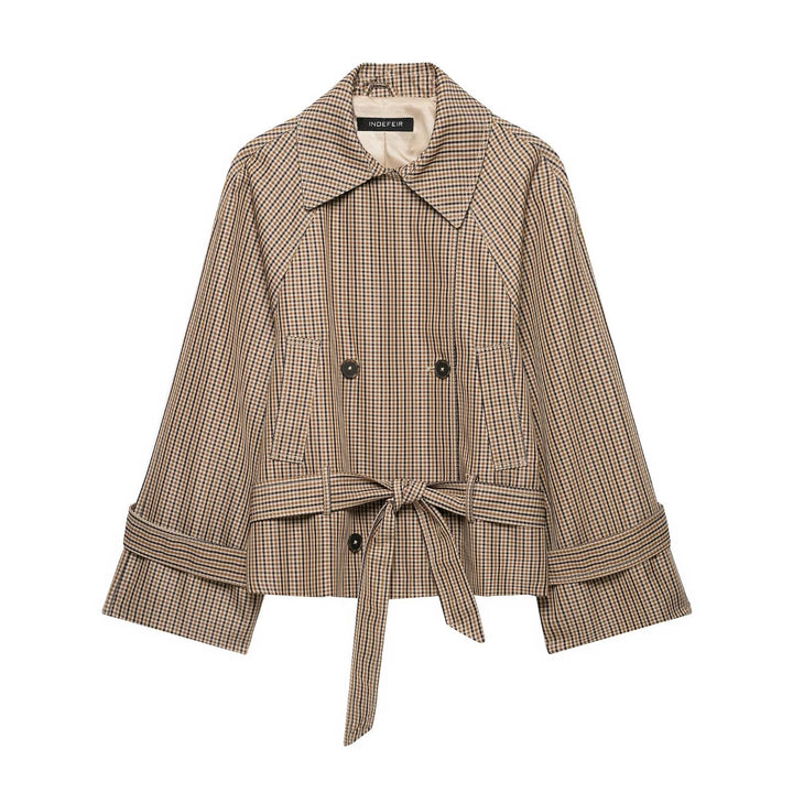 Women's short trench coat in Glencheck with boxy silhouette, tie belt and raglan sleeves Amarae