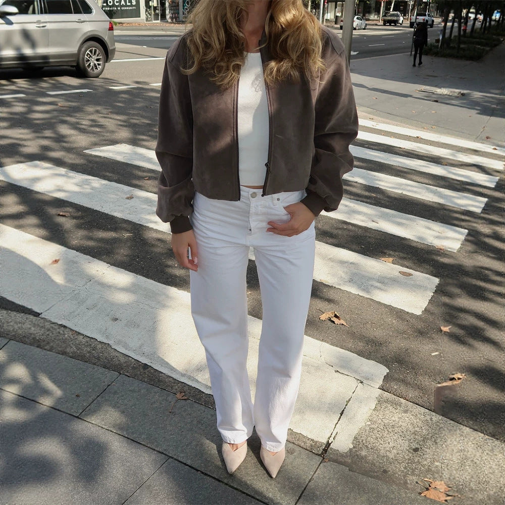 Women's Short Boxy Suede Bomber Jacket with Stand Collar and Ribbed Cuffs Amarae