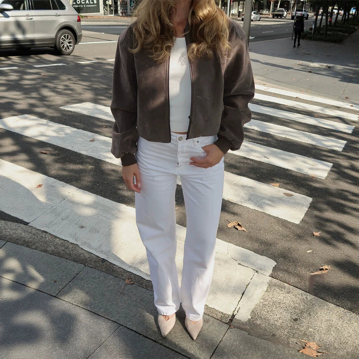 Women's Short Boxy Suede Bomber Jacket with Stand Collar and Ribbed Cuffs Amarae