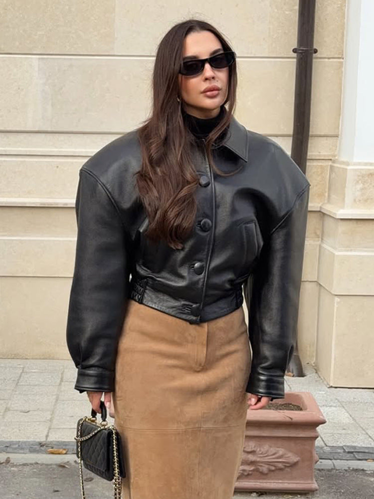 Women's short jacket made of vegan leather imitation in boxy cut with oversized shoulders and hidden button placket Amarae