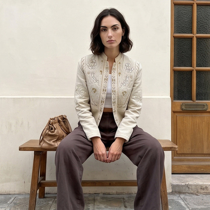 Women's short jacket made of linen blend with elaborate embroidery, stand collar, and tailored silhouette Amarae