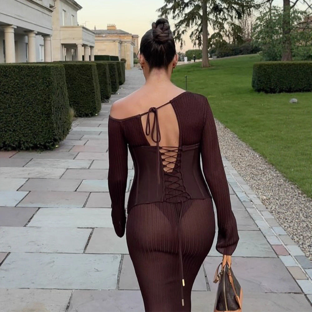 Women's One-Shoulder Maxi Dress with Shaping Corset Waist and Ribbed Knit Amarae